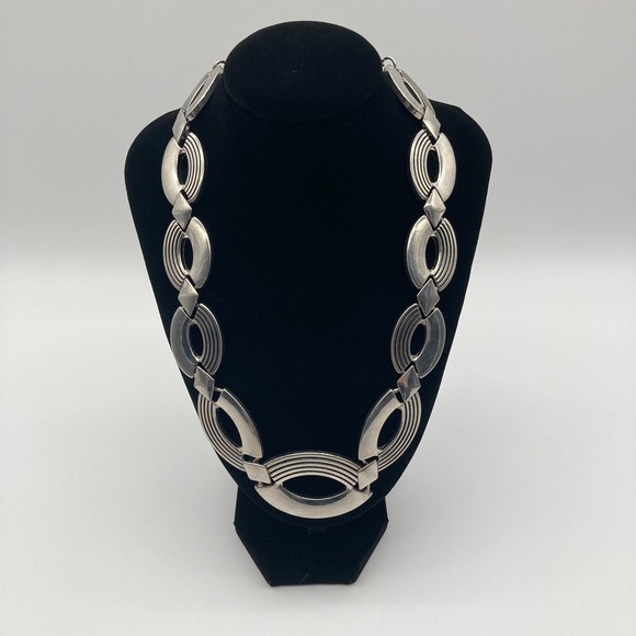 Jewelry - Vintage 80s Art Deco Revival Silver Tone Statement Bib Necklace Ribbed Geometric